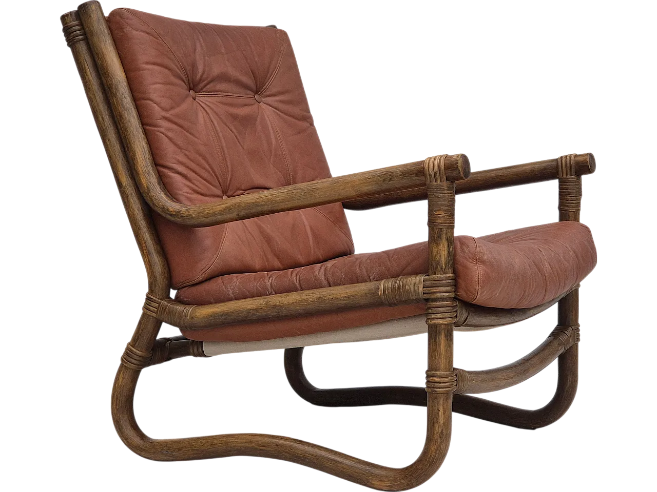 Scandinavian armchair in bamboo, leather, 1970s 22