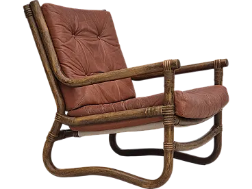 Scandinavian armchair in bamboo, leather, 1970s