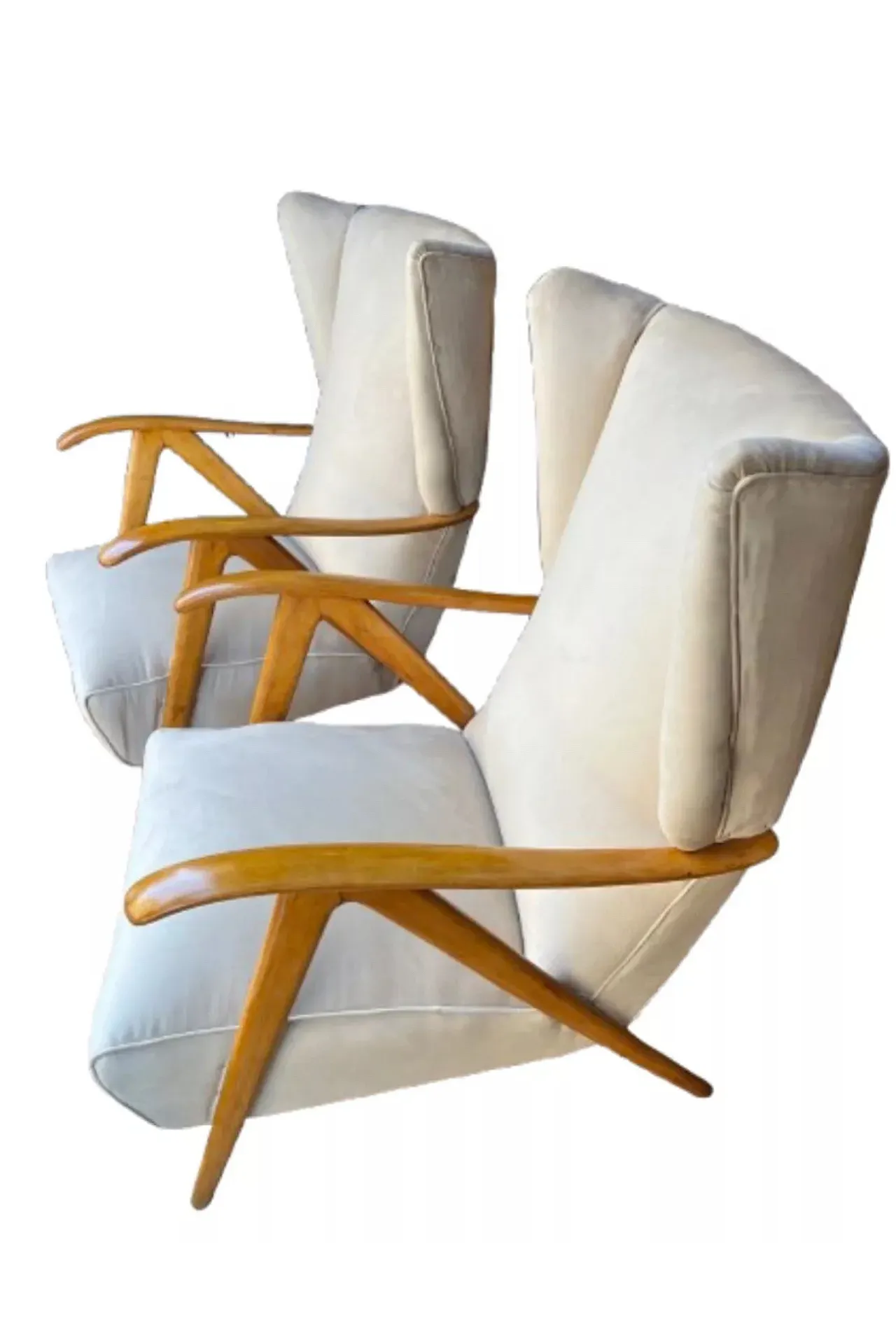 Pair of Modernist Bergere armchairs in beige velvet, 1950s 1