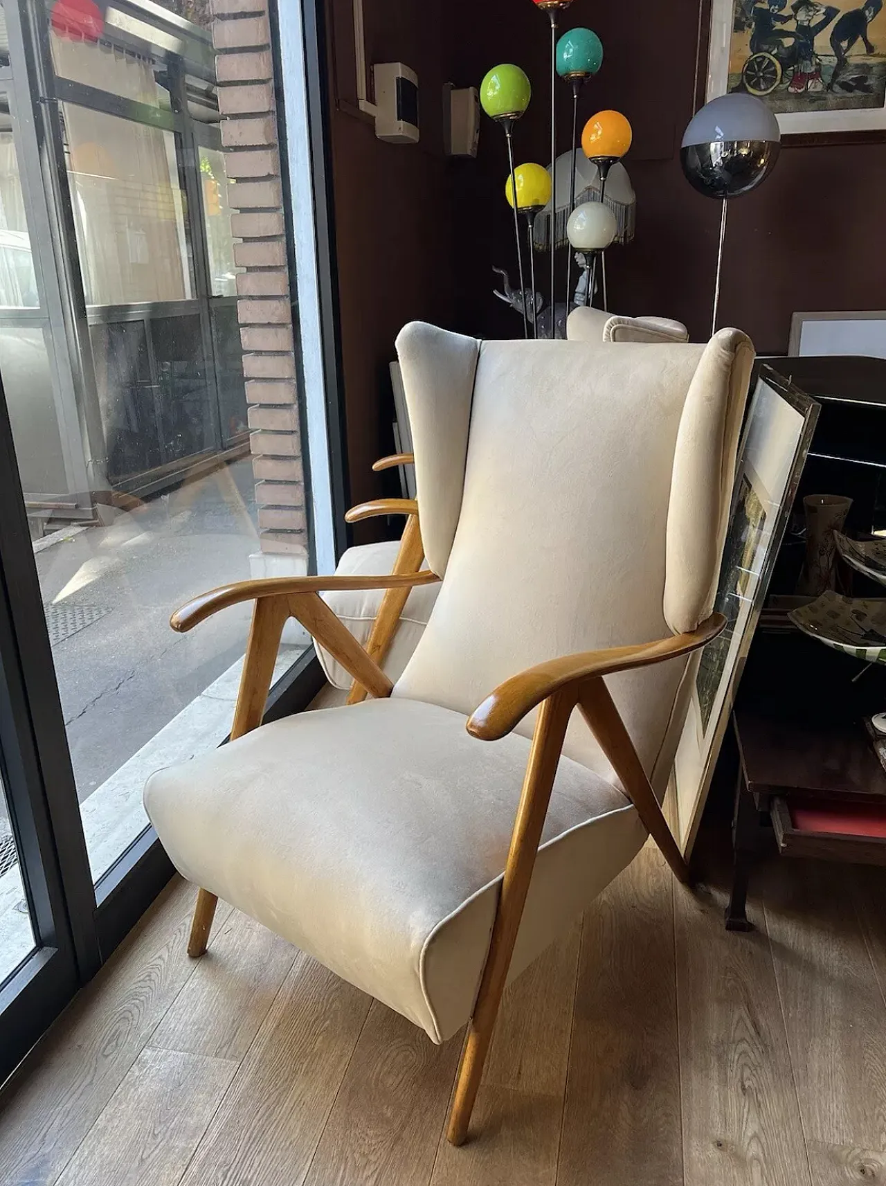 Pair of Modernist Bergere armchairs in beige velvet, 1950s 3