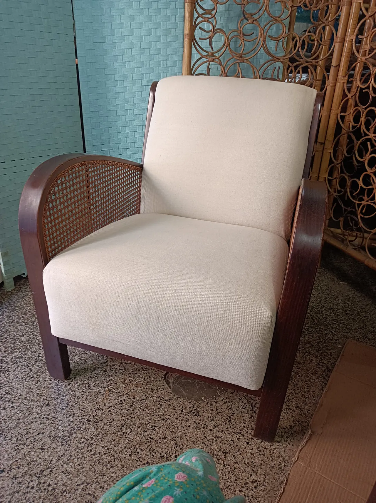 Thonet Art Deco padded armchair with Vienna straw sides, 1940s 6