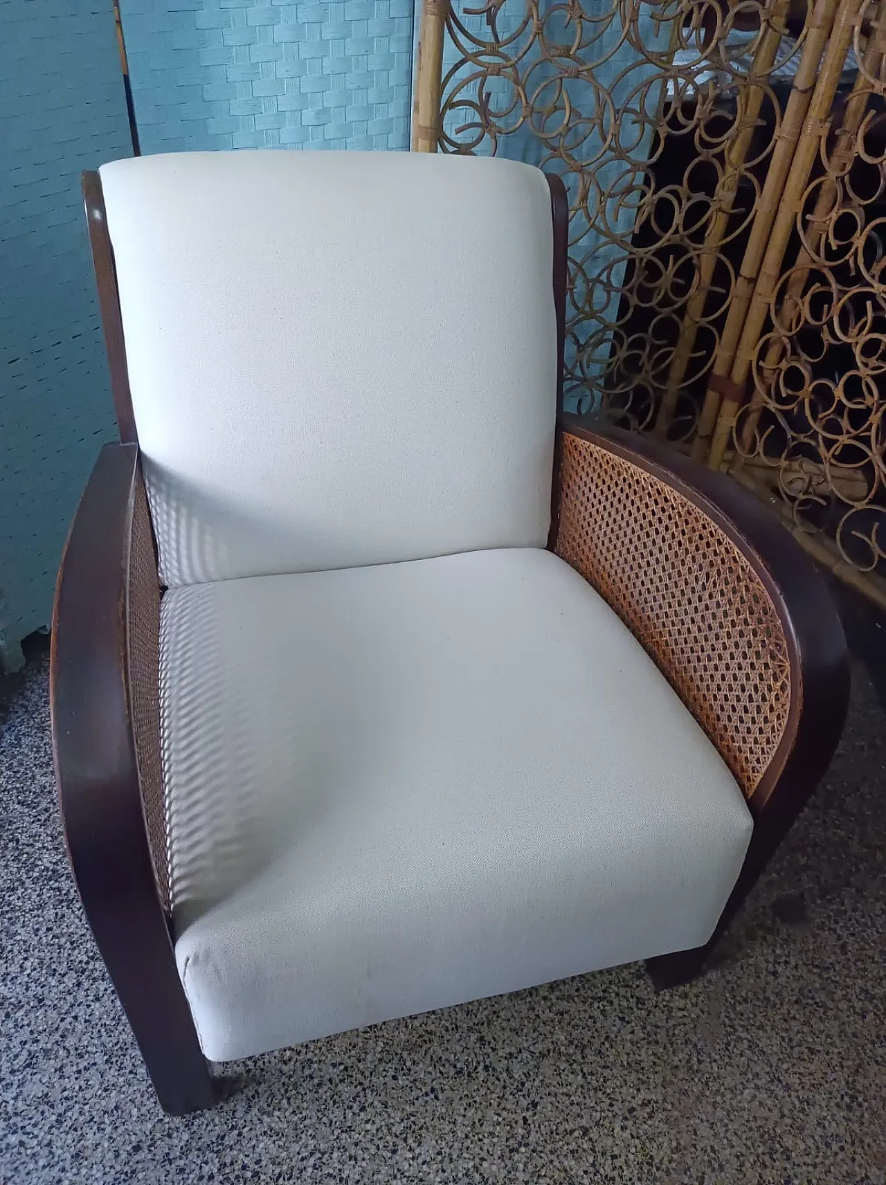 Thonet Art Deco padded armchair with Vienna straw sides, 1940s 10