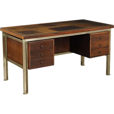 Vintage Writing Desk Exotic Woods Veneer Metal Italy 1960s