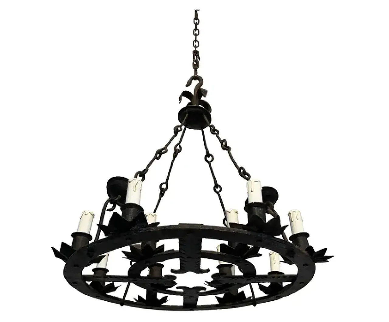 Wrought iron vhandelier with 12 lights in the gothic style, 1950s 1