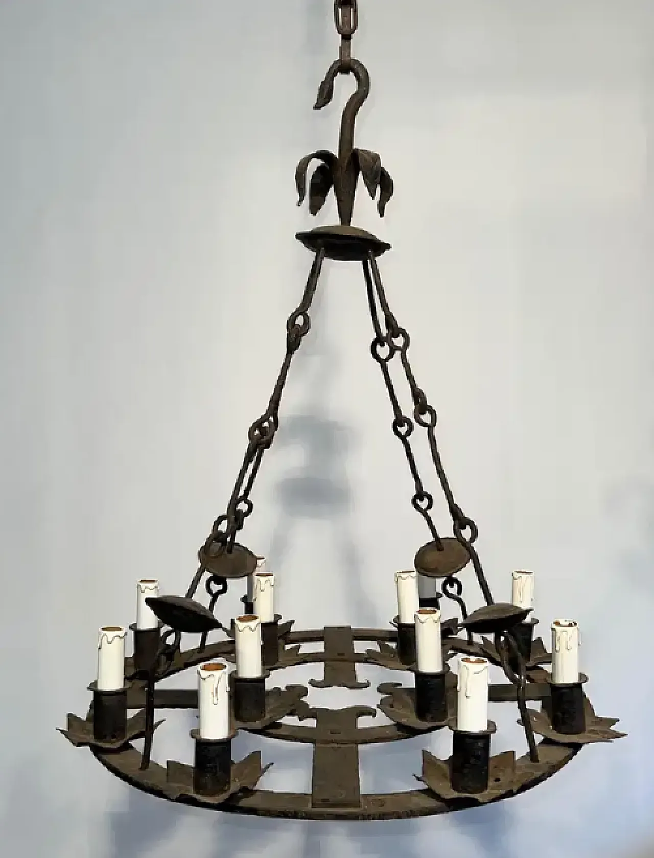 Wrought iron vhandelier with 12 lights in the gothic style, 1950s 2