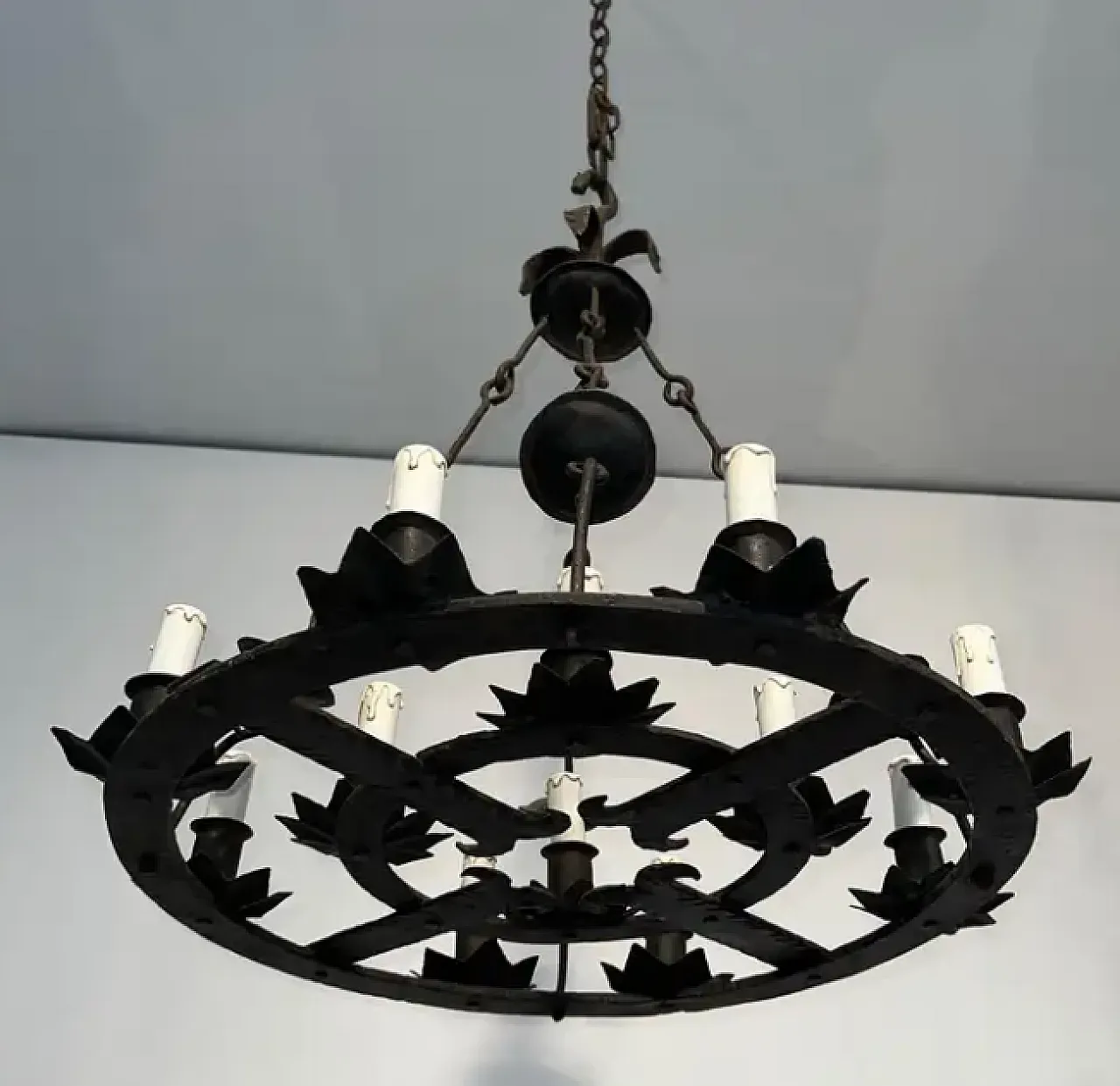 Wrought iron vhandelier with 12 lights in the gothic style, 1950s 3