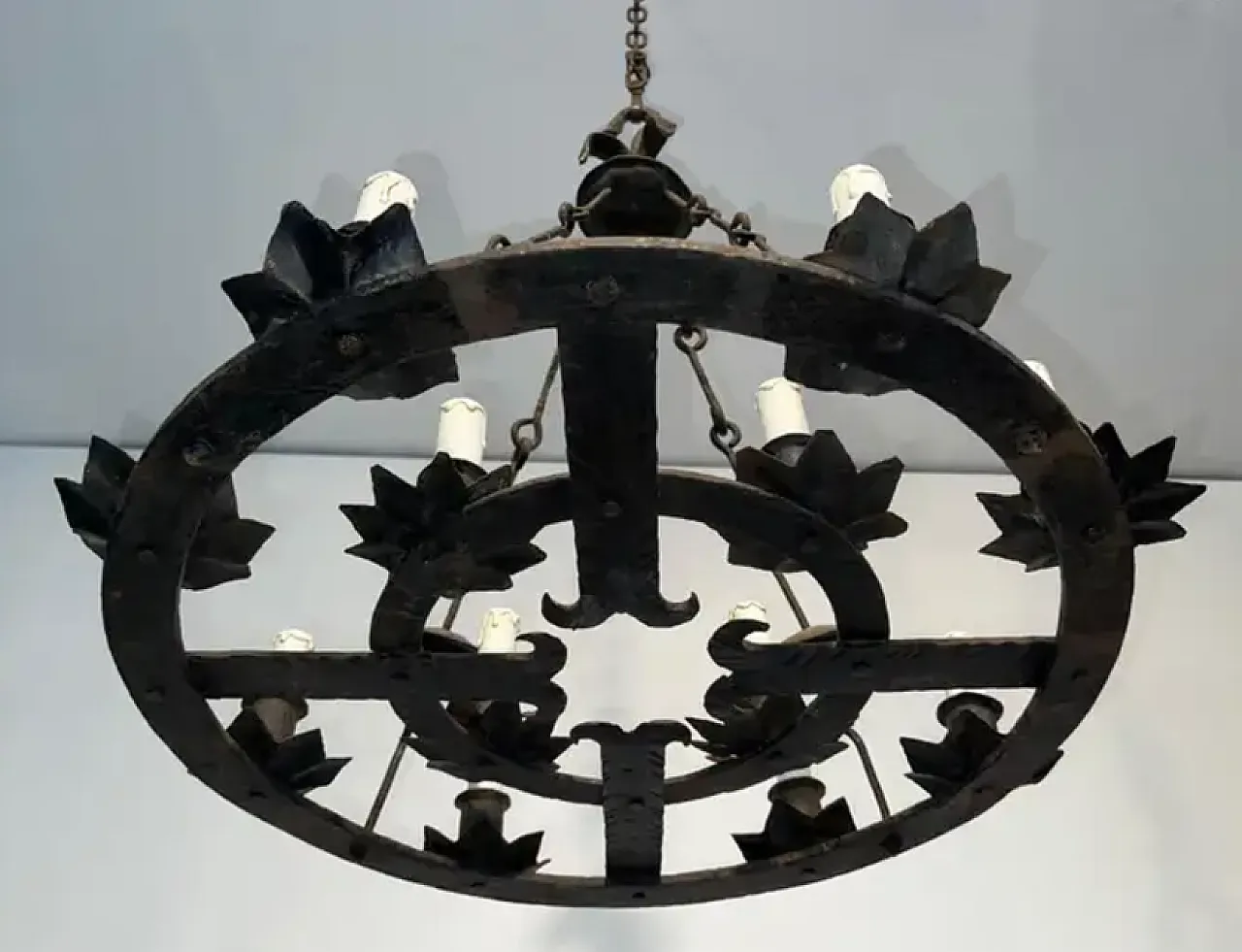 Wrought iron vhandelier with 12 lights in the gothic style, 1950s 4