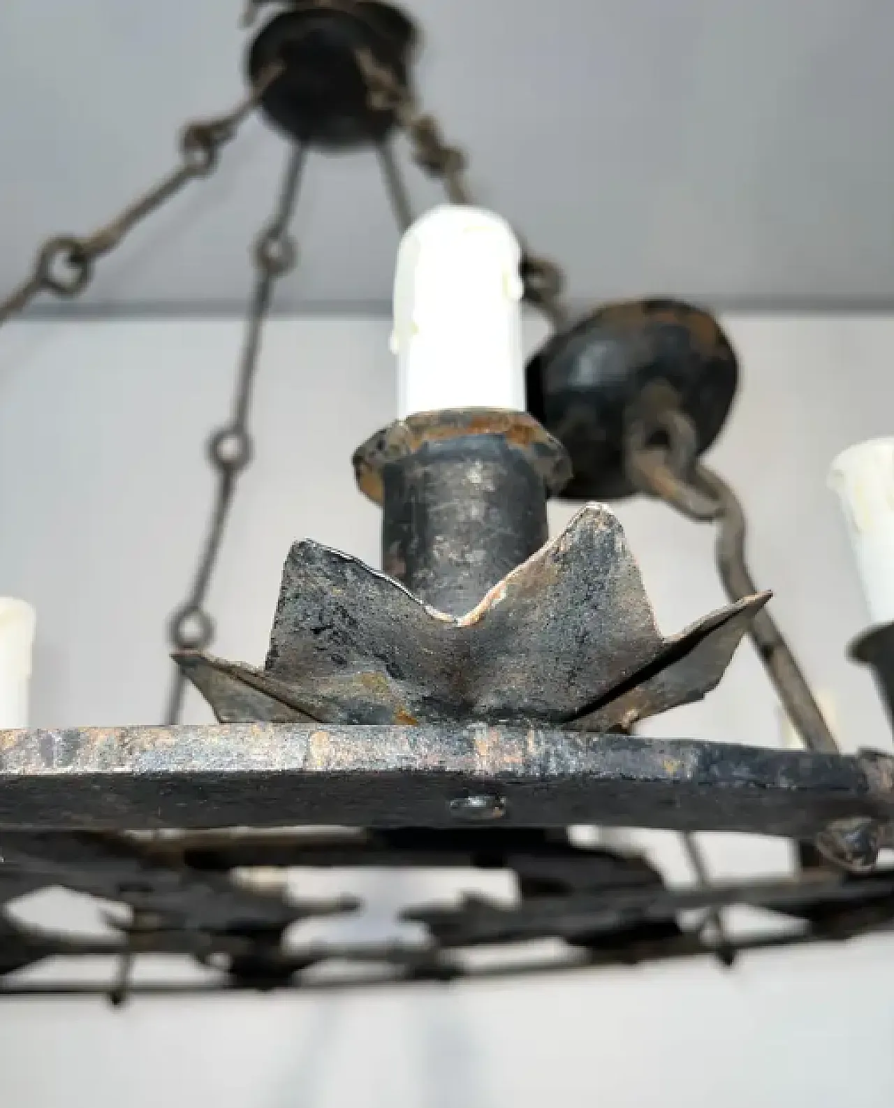 Wrought iron vhandelier with 12 lights in the gothic style, 1950s 11