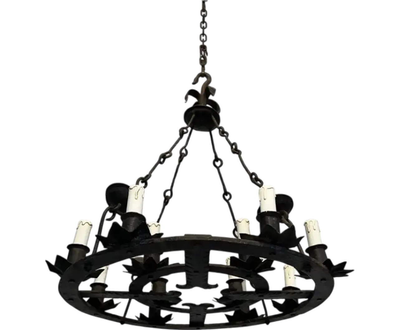 Wrought iron vhandelier with 12 lights in the gothic style, 1950s 12