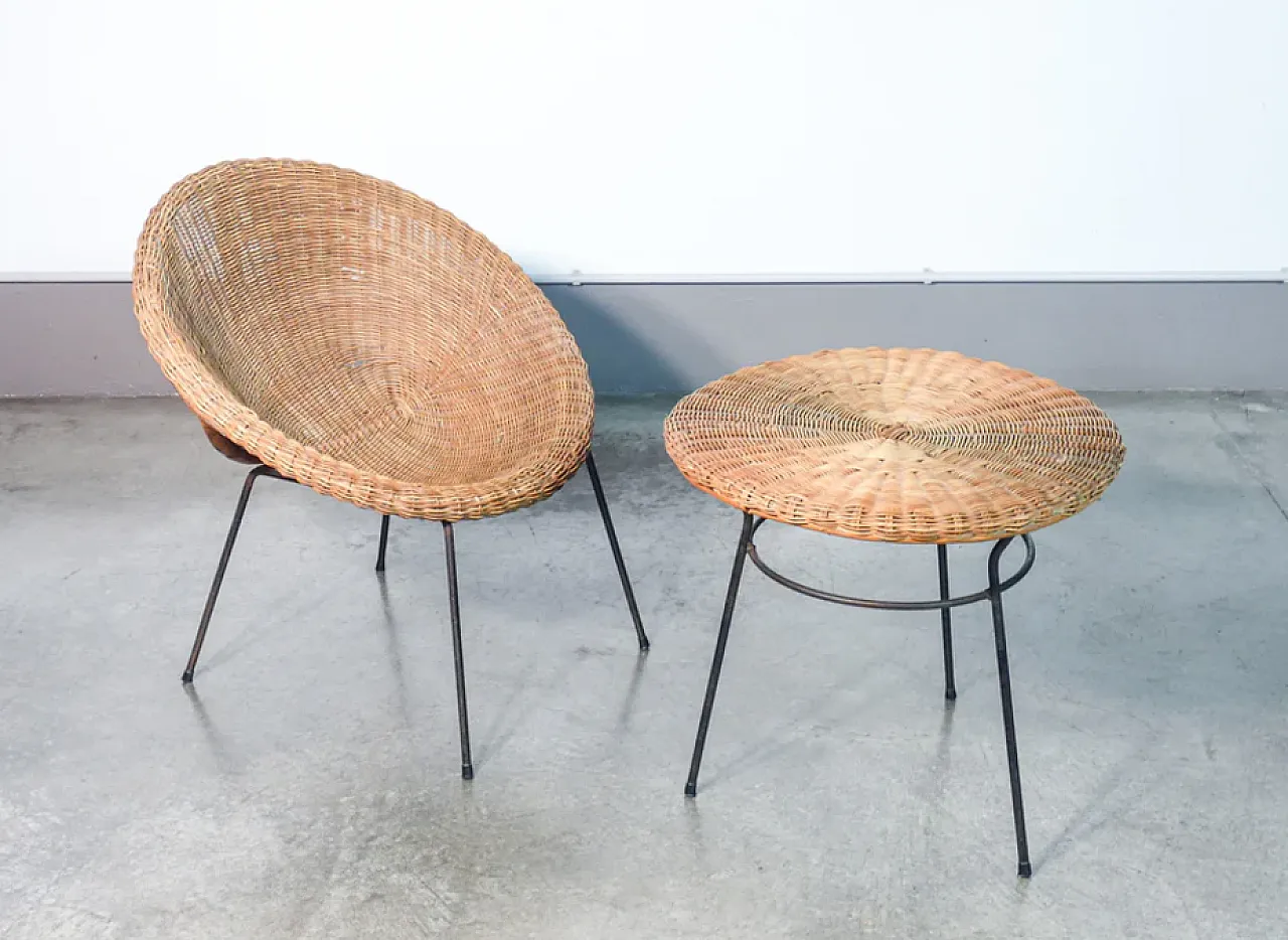 Wicker chair and coffee table, 1960s 1