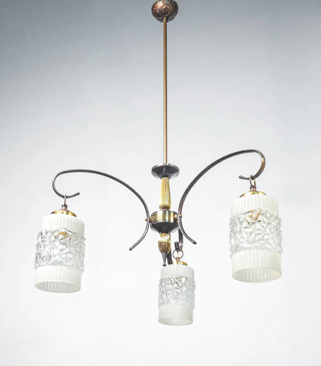 Three-armed brass and glass chandelier, 1940s 1