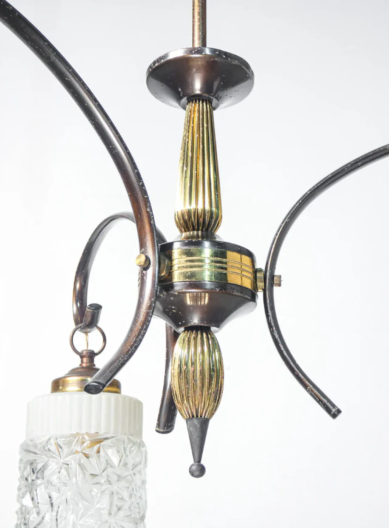 Three-armed brass and glass chandelier, 1940s 5