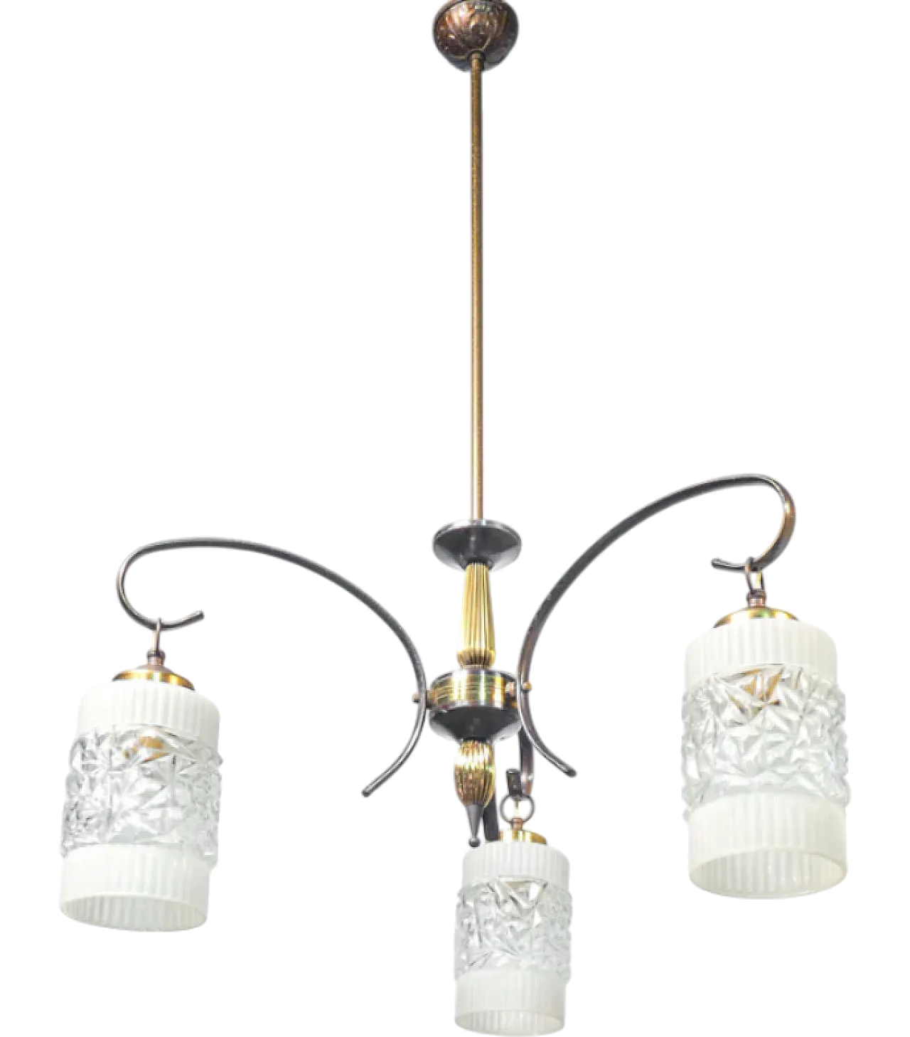 Three-armed brass and glass chandelier, 1940s 8