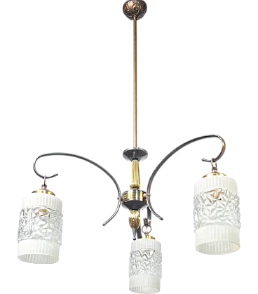 Three-armed brass and glass chandelier, 1940s