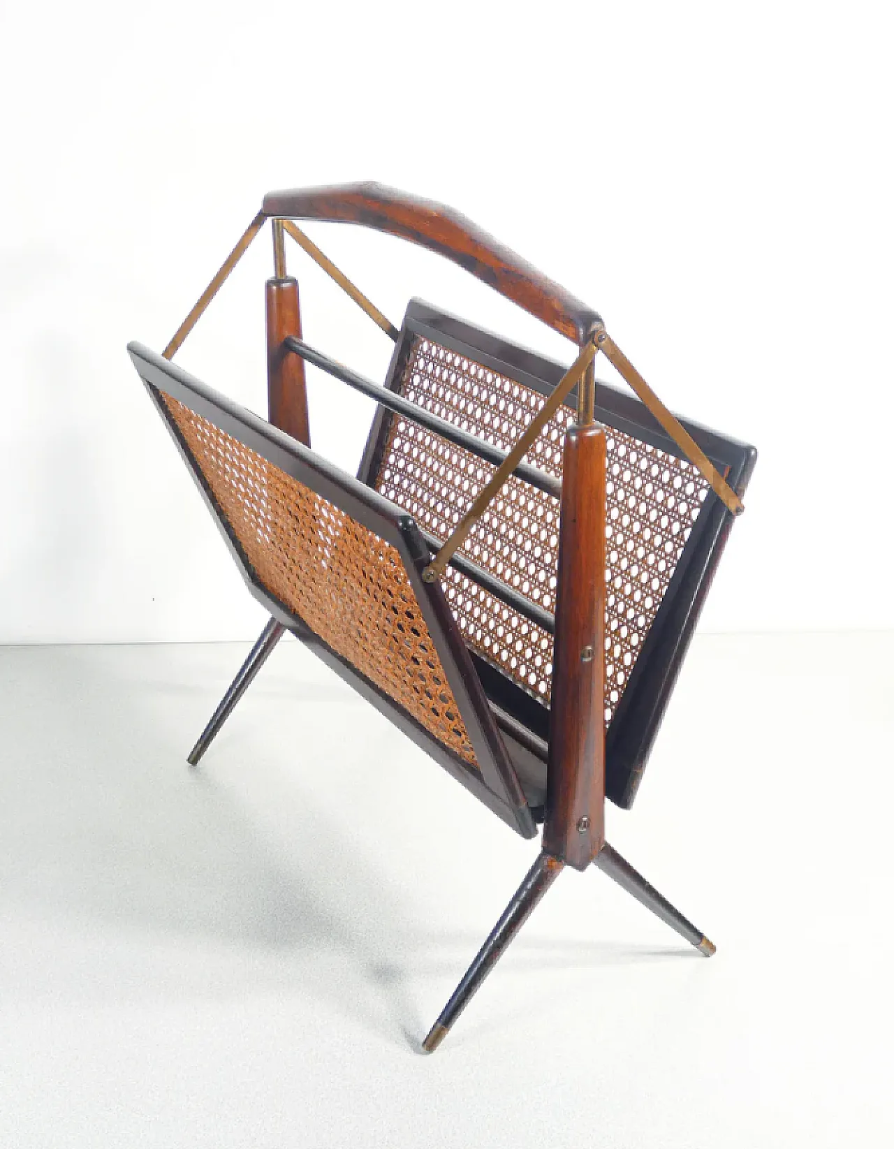 Magazine rack in beech, brass and Vienna straw, 1950s 2