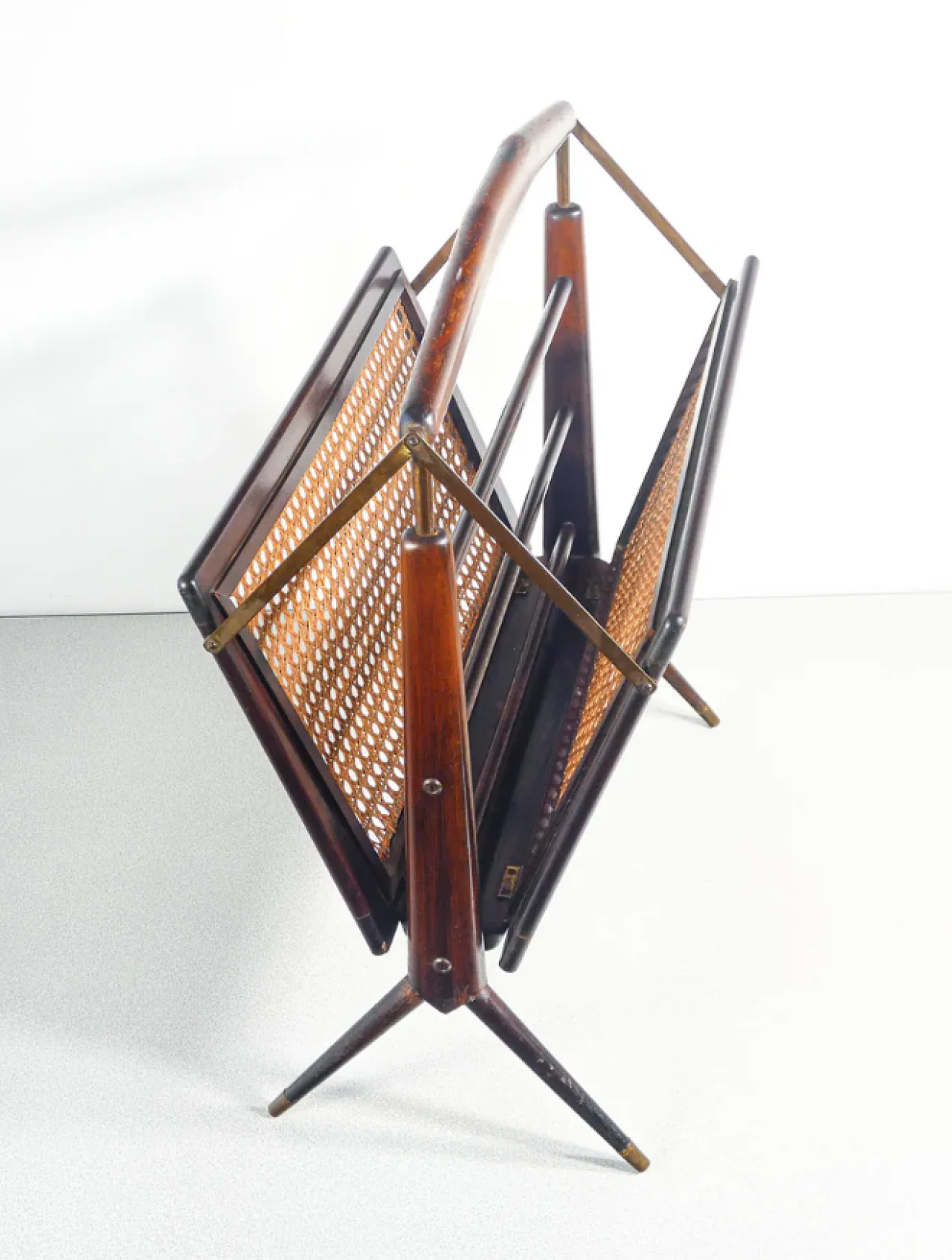 Magazine rack in beech, brass and Vienna straw, 1950s 3