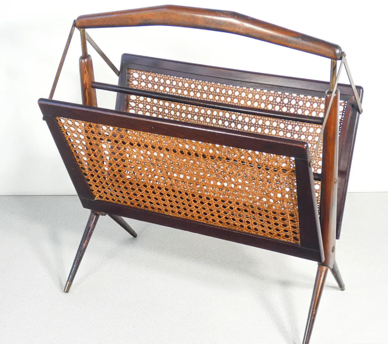 Magazine rack in beech, brass and Vienna straw, 1950s 5