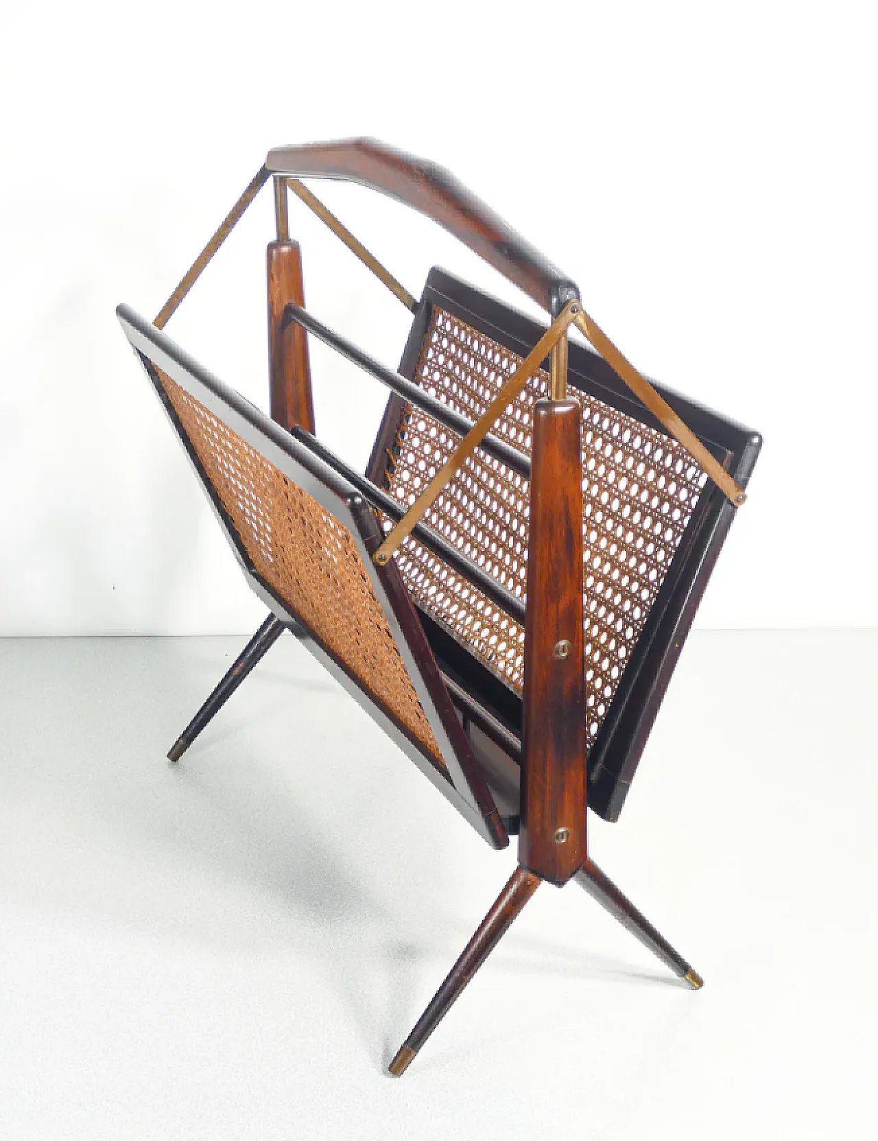 Magazine rack in beech, brass and Vienna straw, 1950s 6