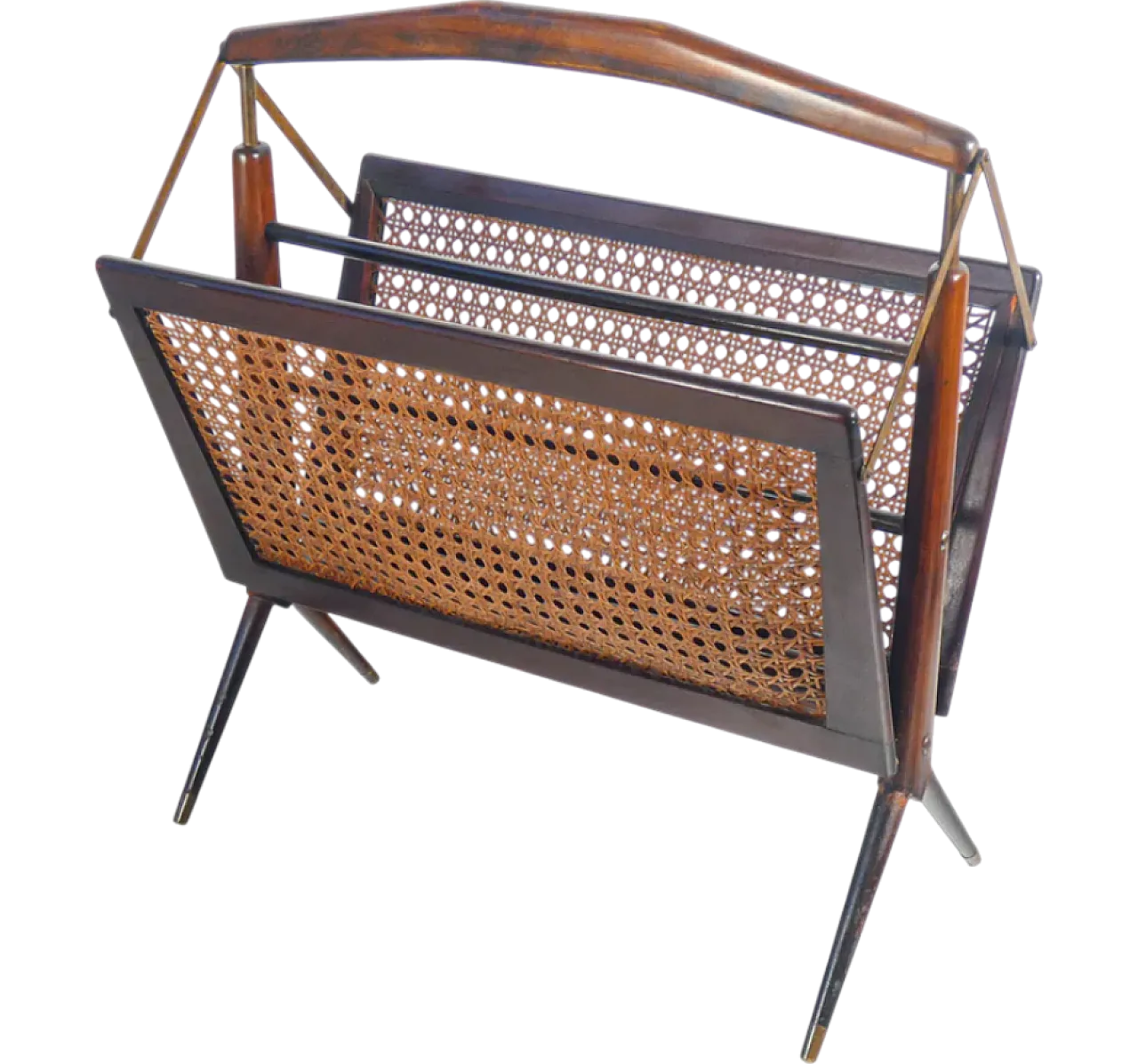 Magazine rack in beech, brass and Vienna straw, 1950s 9