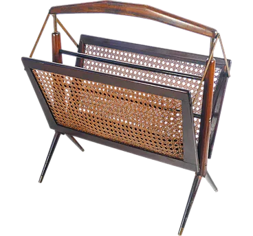 Magazine rack in beech, brass and Vienna straw, 1950s