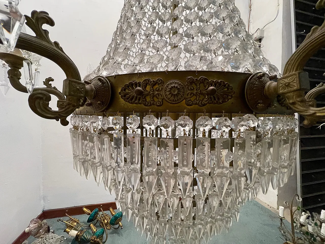 Extra Large Bronze Crystal Chandelier 1950's 4