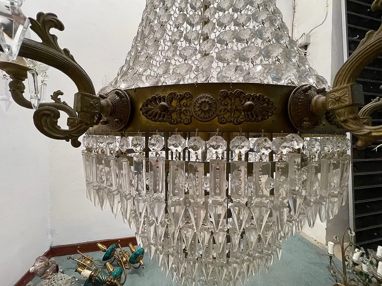 Extra Large Bronze Crystal Chandelier 1950's 11