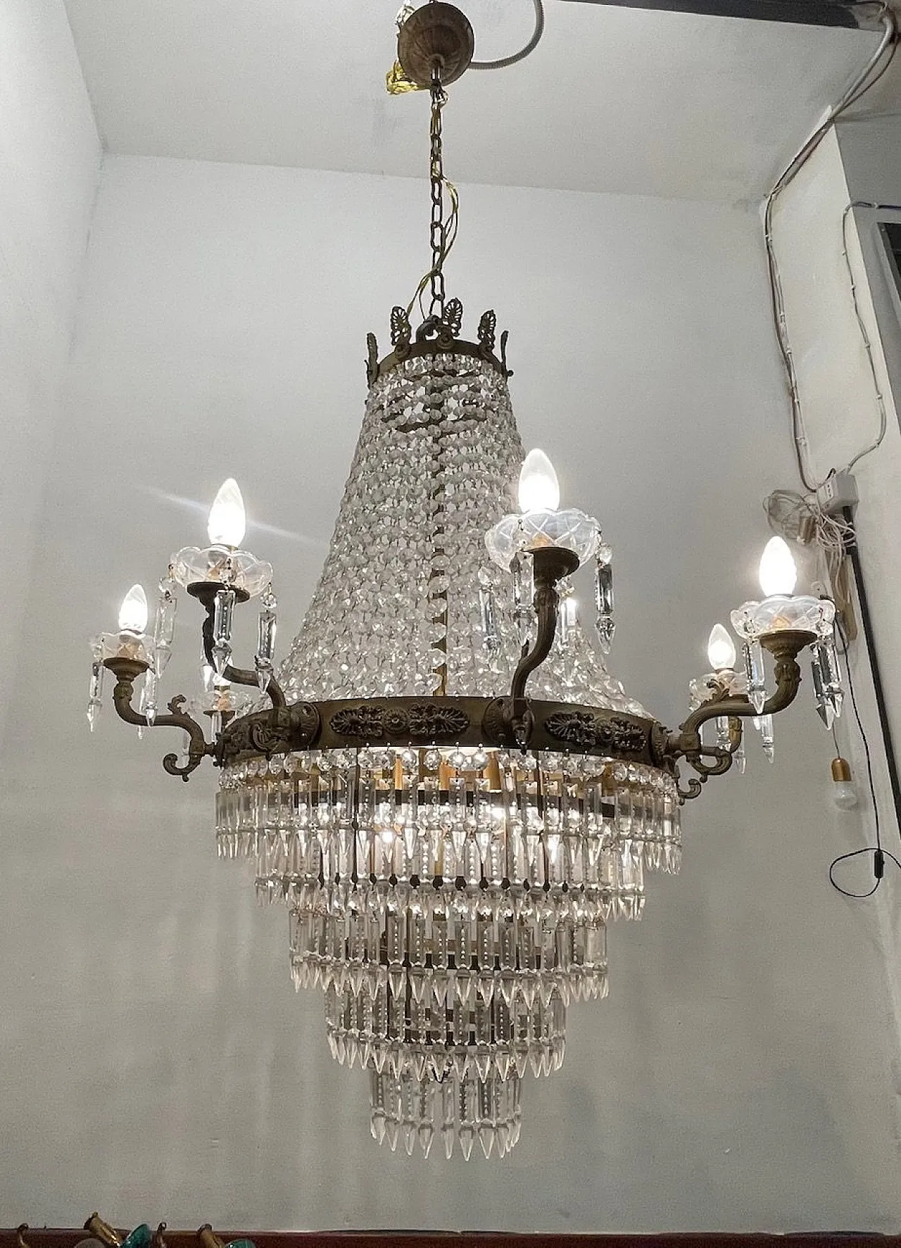 Extra Large Bronze Crystal Chandelier 1950's 12