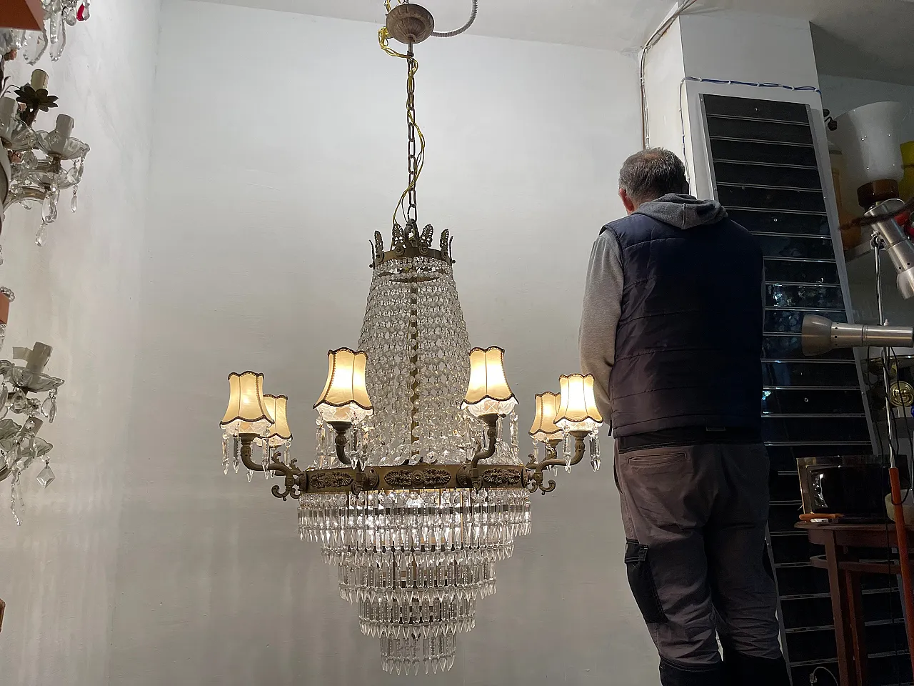 Extra Large Bronze Crystal Chandelier 1950's 16