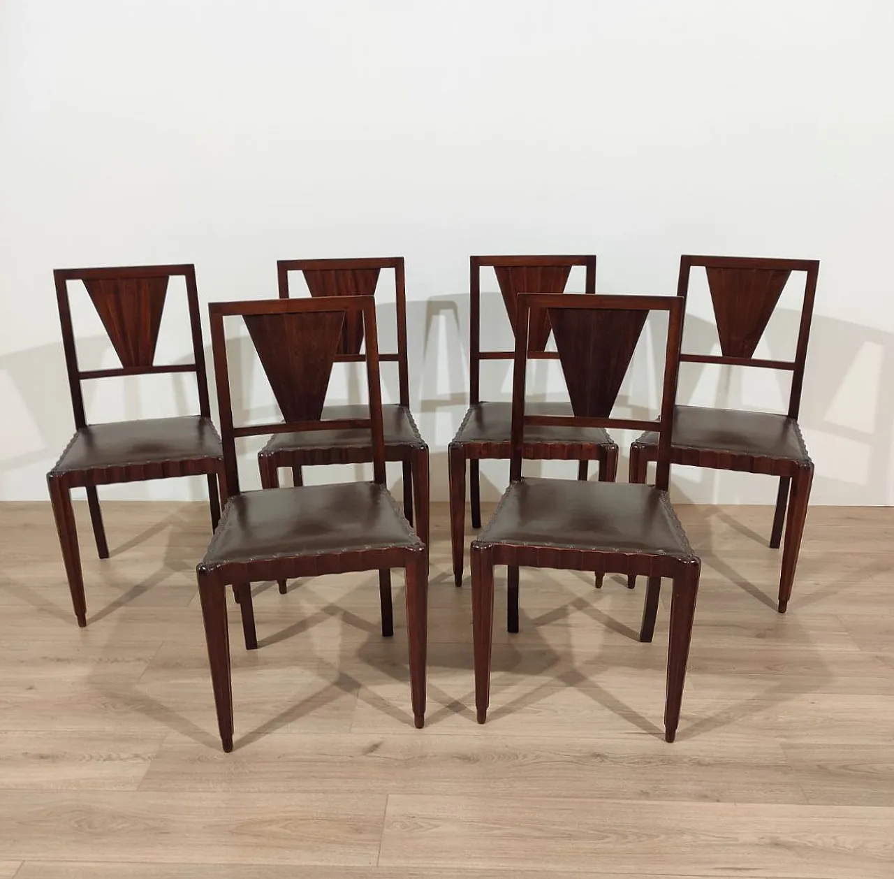 Gruppo di 6 sedie in mogano design di Jacques E. Ruhlman, anni '40 1