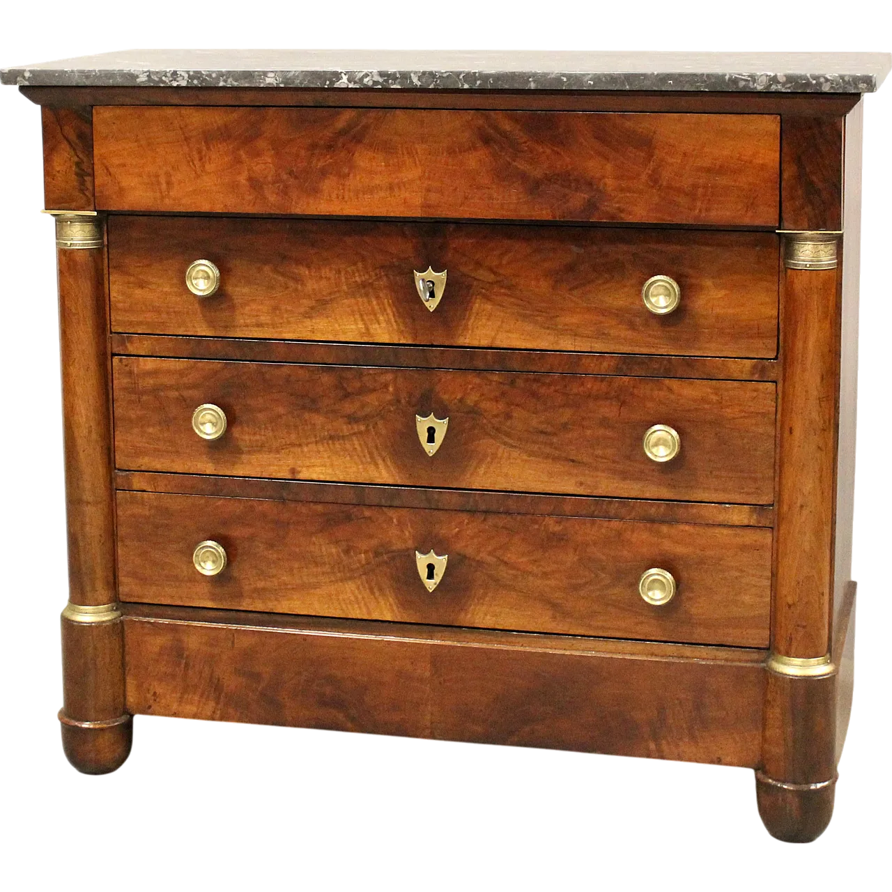 Empire chest of drawers with green marble top and walnut, 19th century 13