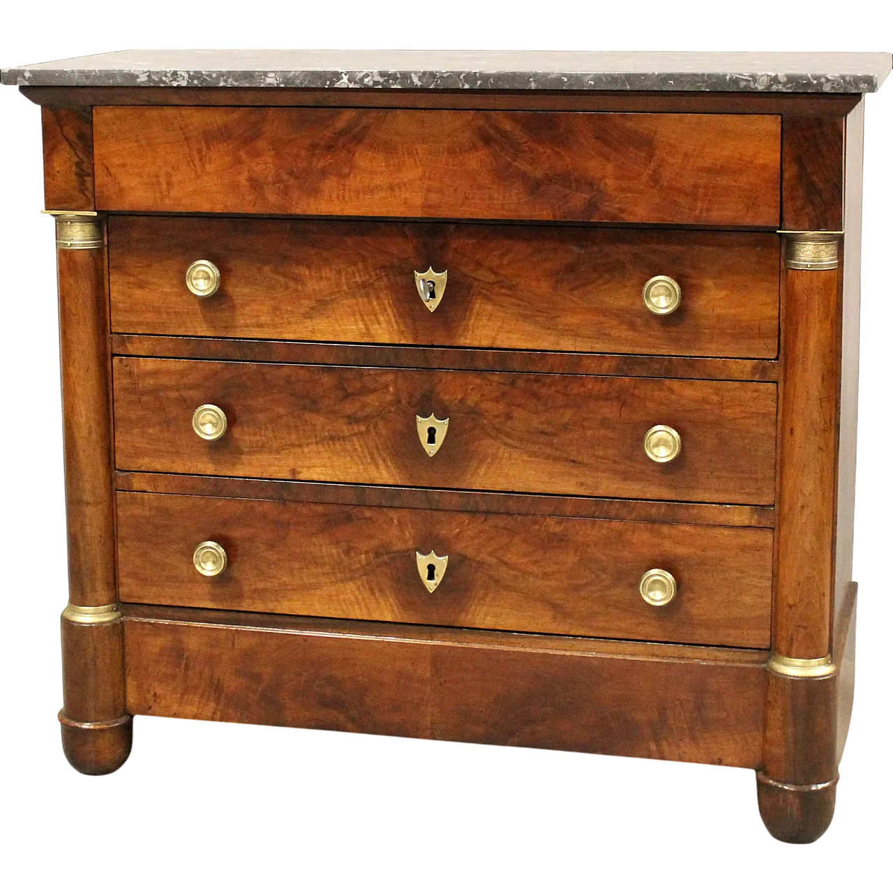 Empire chest of drawers with green marble top and walnut, 19th century 14