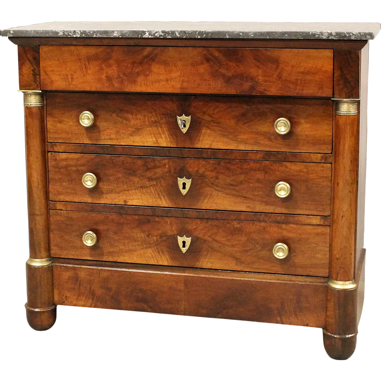 Empire chest of drawers with green marble top and walnut, 19th century 16