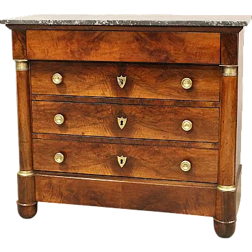 Empire chest of drawers with green marble top and walnut, 19th century