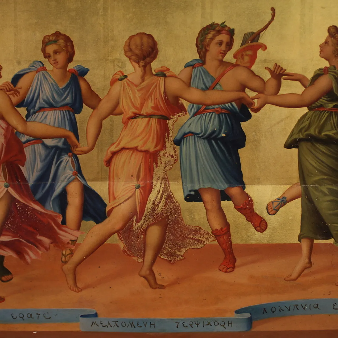 Afrer Peruzzi, Apollo dancing with the Muses, oil panel 19th century 5