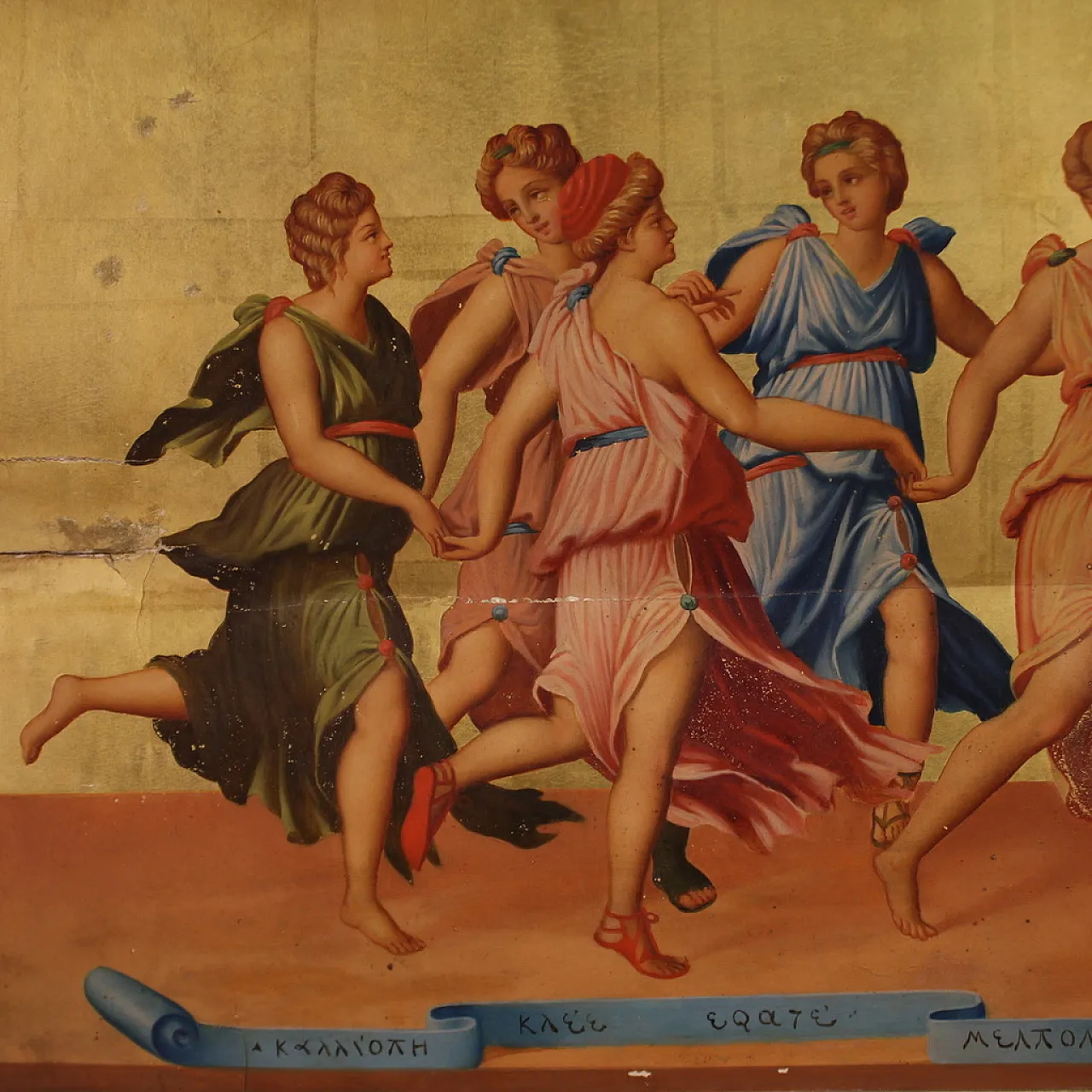 Afrer Peruzzi, Apollo dancing with the Muses, oil panel 19th century 19