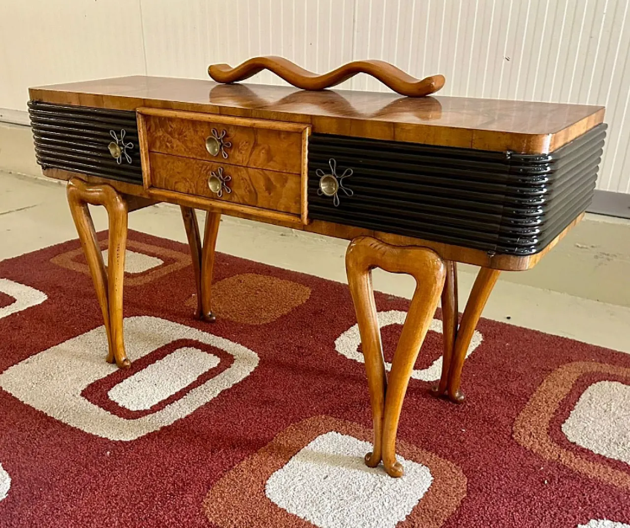 Art Deco console table in walnut root and ebonised wood, 1940s 2