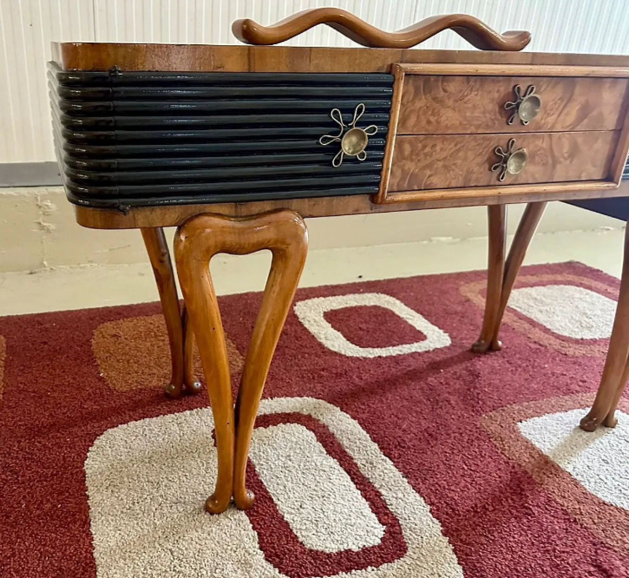 Art Deco console table in walnut root and ebonised wood, 1940s 5