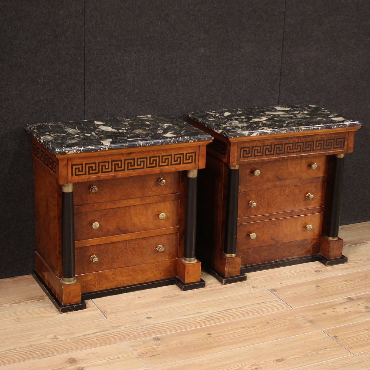 Empire style pair of bedside tables with marble top, 20th century 1