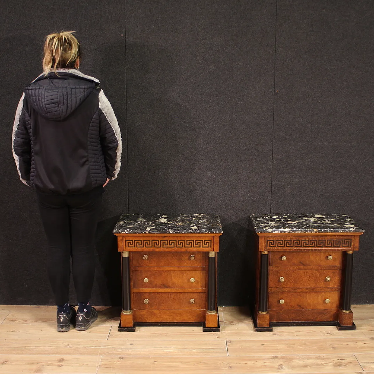 Empire style pair of bedside tables with marble top, 20th century 2