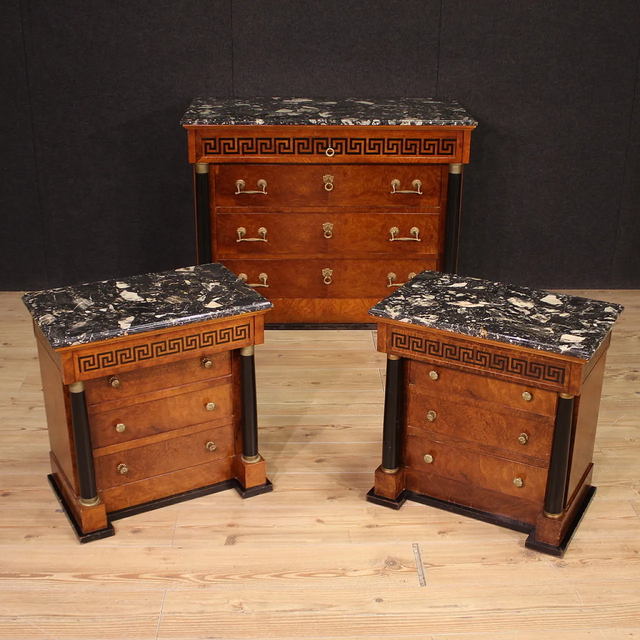 Empire style pair of bedside tables with marble top, 20th century 3