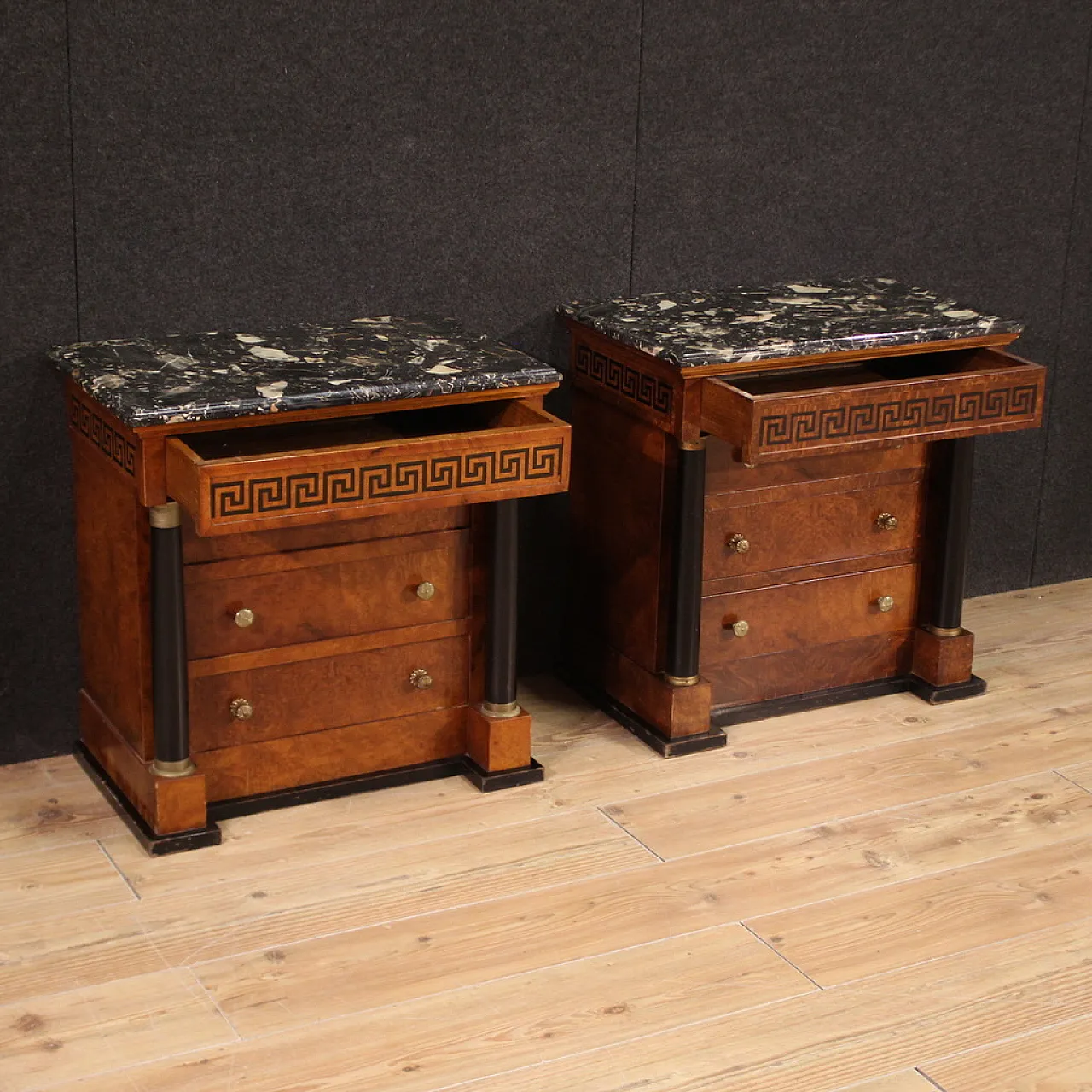 Empire style pair of bedside tables with marble top, 20th century 4