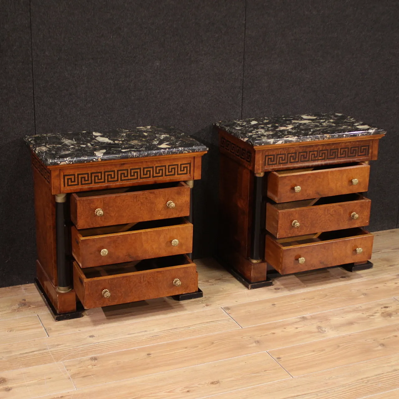 Empire style pair of bedside tables with marble top, 20th century 5