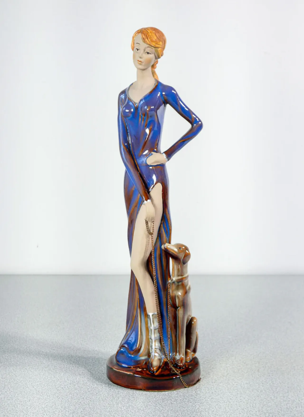 Woman with dog on a leash in glazed ceramic, mid-20th century 1