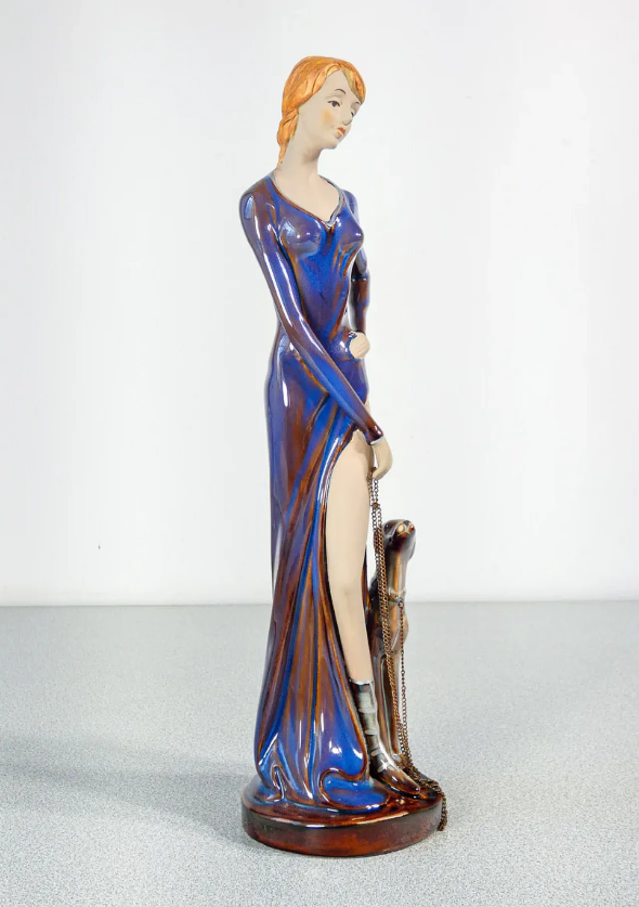 Woman with dog on a leash in glazed ceramic, mid-20th century 4