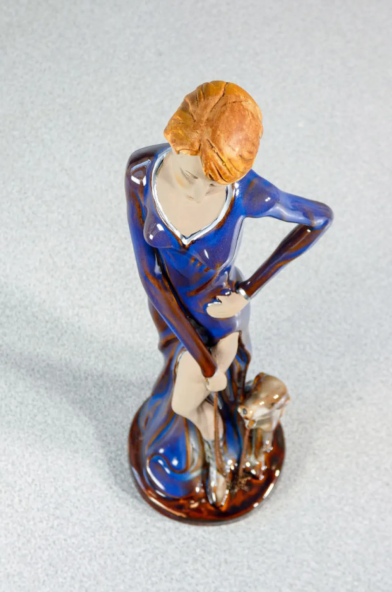 Woman with dog on a leash in glazed ceramic, mid-20th century 5