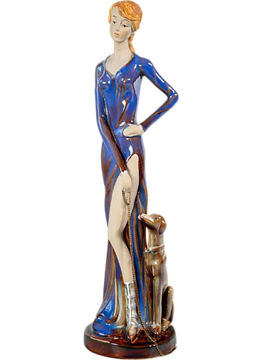 Woman with dog on a leash in glazed ceramic, mid-20th century