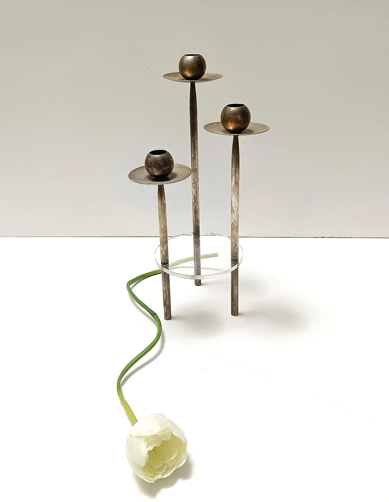 Postmodern Silver-Plated Brass and Plexiglass Candelabrum by Mesa, Italy 1970s 3