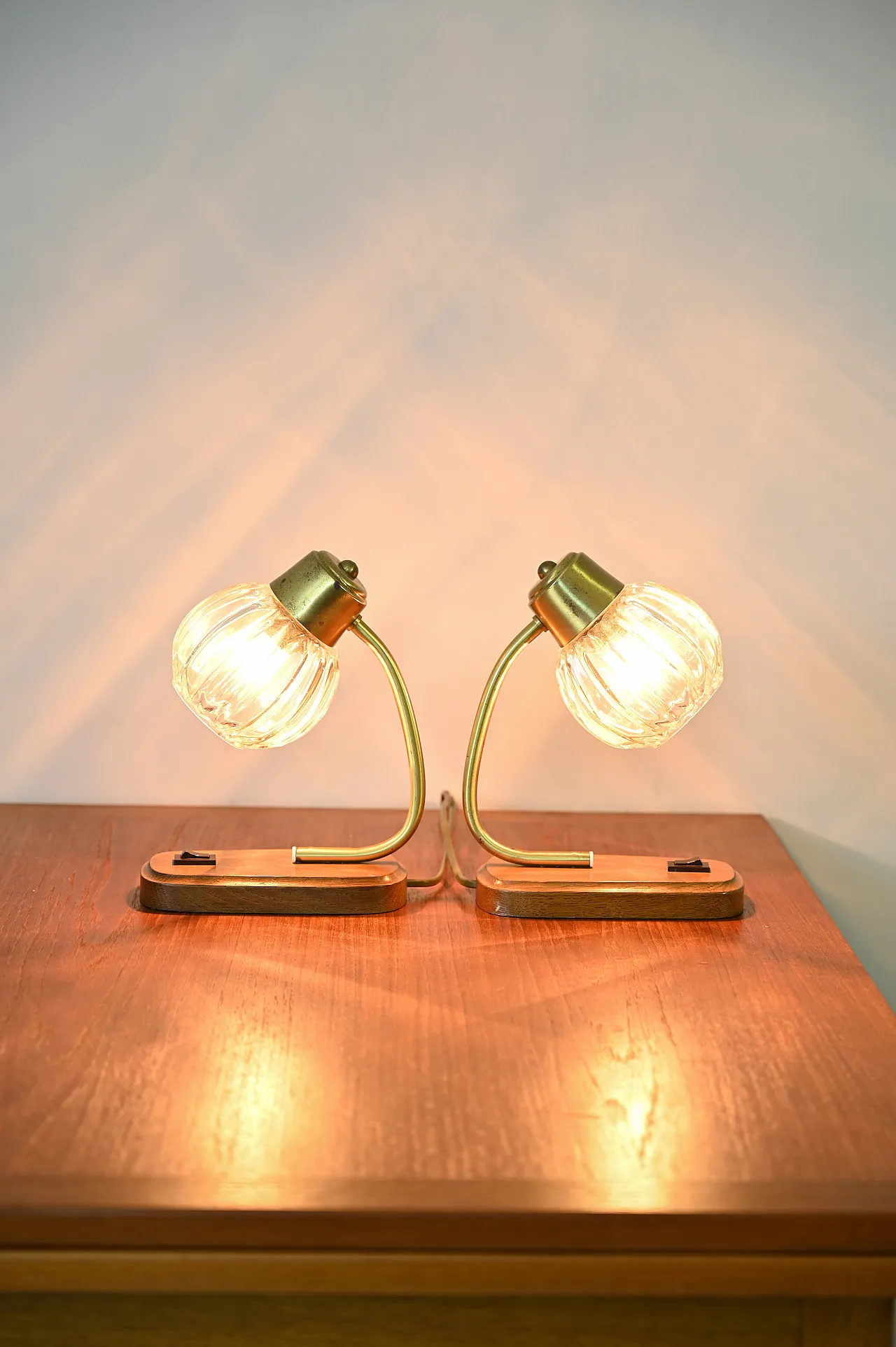 Pair of metal and glass abat-jours with teak base by Paul Neuhaus, 1960s 18