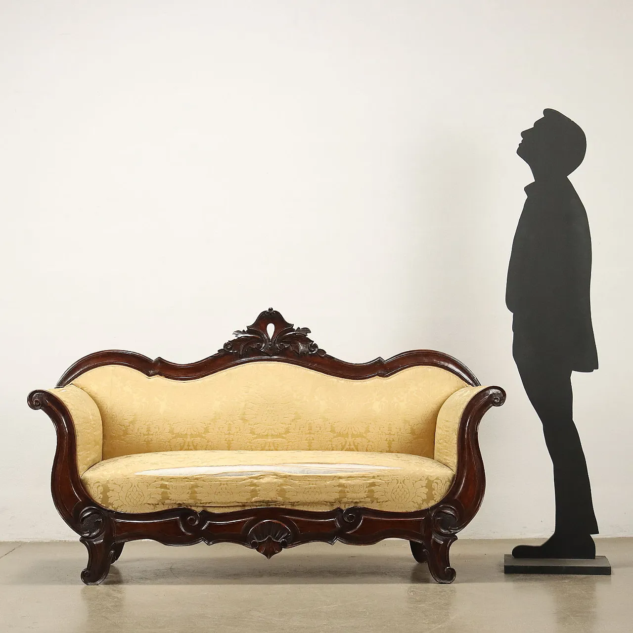 Louis Philippe boat sofa in carved walnut and fabric, 19th century 2