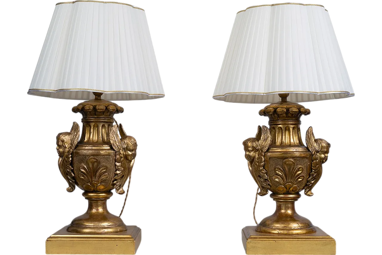 Pair of Empire table lamps in gilded and carved wood, 19th century 5